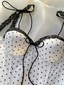 Comfortcana Women's Contrast Lace Cute Polka Dot Strap Bralette - Black and White - View 6