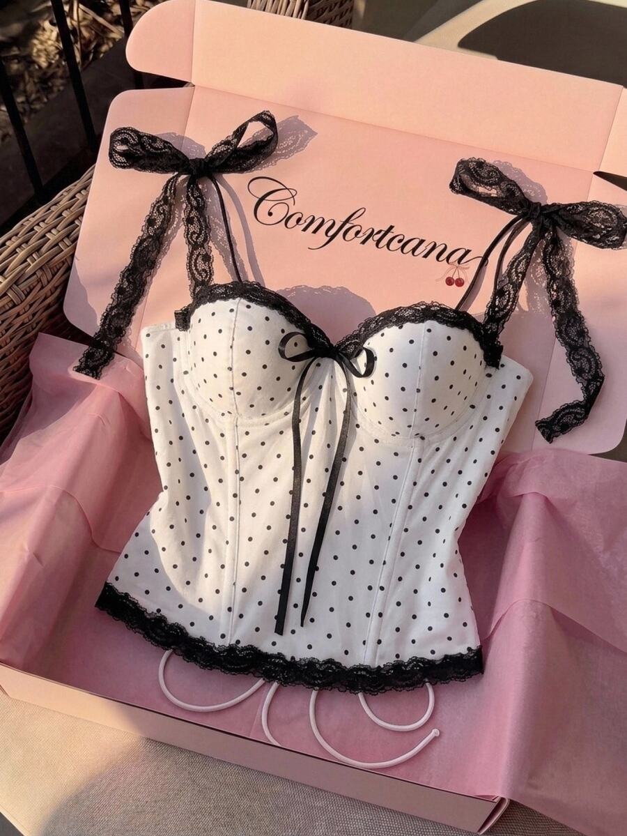 Comfortcana Women's Contrast Lace Cute Polka Dot Strap Bralette - Black and White - View 1