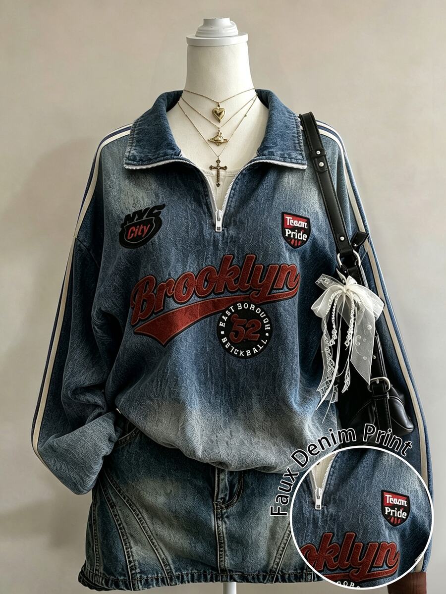 Lalippa Vintage Worn Denim Effect Half-Zip Sweatshirt For Women, Spring And Autumn, Letter Print With Side Stripe, Loose Pullover Top - Grey - View 1