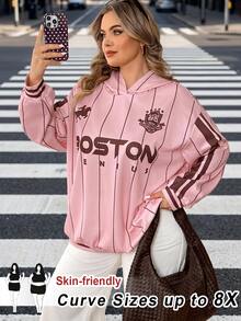SHEIN CURVE+ Plus Size 22W Women's Casual Simple American Retro English Printed Pattern Hooded Long Sleeved Fall - Pink - View 3