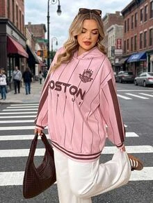 SHEIN CURVE+ Plus Size 22W Women's Casual Simple American Retro English Printed Pattern Hooded Long Sleeved Fall - Pink - View 8