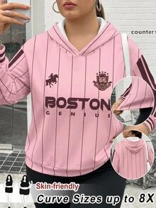 SHEIN CURVE+ Plus Size 22W Women's Casual Simple American Retro English Printed Pattern Hooded Long Sleeved Fall - Pink - View 5