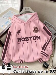 SHEIN CURVE+ Plus Size 22W Women's Casual Simple American Retro English Printed Pattern Hooded Long Sleeved Fall - Pink - View 6