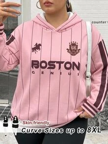 SHEIN CURVE+ Plus Size 22W Women's Casual Simple American Retro English Printed Pattern Hooded Long Sleeved Fall - Pink - View 1