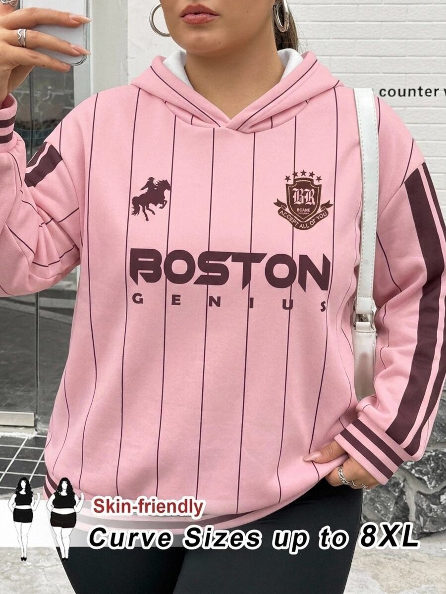 SHEIN CURVE+ Plus Size 22W Women's Casual Simple American Retro English Printed Pattern Hooded Long Sleeved Fall - Pink - View 1