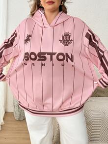 SHEIN CURVE+ Plus Size 22W Women's Casual Simple American Retro English Printed Pattern Hooded Long Sleeved Fall - Pink - View 11