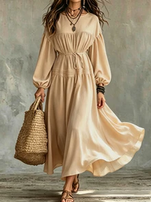Omancia Women's Elegant Solid Color Long Dress - Khaki - View 1