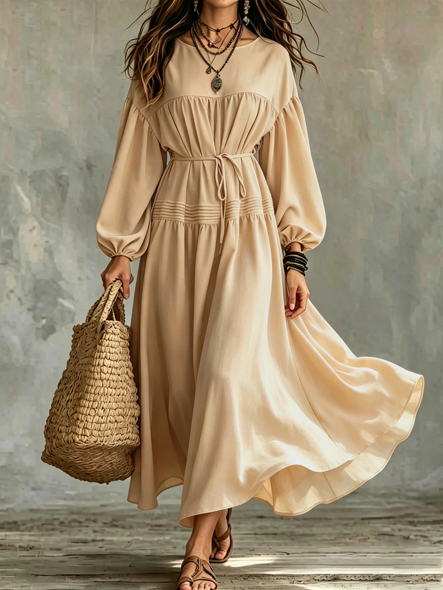 Omancia Women's Elegant Solid Color Long Dress - Khaki - View 1