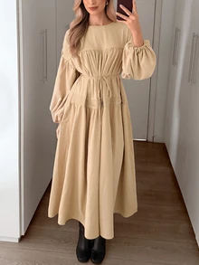 Omancia Women's Elegant Solid Color Long Dress - Khaki - View 5