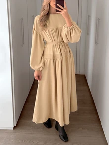 Omancia Women's Elegant Solid Color Long Dress - Khaki - View 4