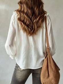 SHEIN White Textured Ruffle V Neck Bow Front Puff Long Sleeve Commuter Blouse Tea Party Everyday Autumn Romantic Elegant - White - View 2