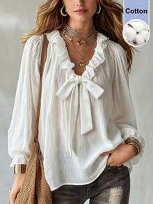 SHEIN White Textured Ruffle V Neck Bow Front Puff Long Sleeve Commuter Blouse Tea Party Everyday Autumn Romantic Elegant - White - View 3