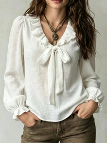 SHEIN White Textured Ruffle V Neck Bow Front Puff Long Sleeve Commuter Blouse Tea Party Everyday Autumn Romantic Elegant - White - View 6