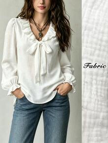 SHEIN White Textured Ruffle V Neck Bow Front Puff Long Sleeve Commuter Blouse Tea Party Everyday Autumn Romantic Elegant - White - View 1