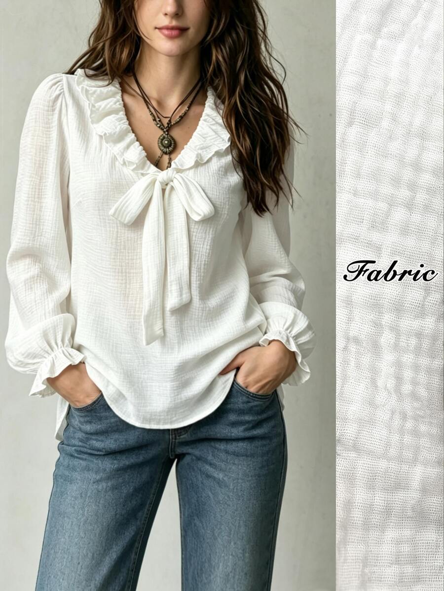SHEIN White Textured Ruffle V Neck Bow Front Puff Long Sleeve Commuter Blouse Tea Party Everyday Autumn Romantic Elegant - White - View 1