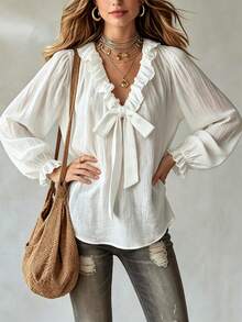SHEIN White Textured Ruffle V Neck Bow Front Puff Long Sleeve Commuter Blouse Tea Party Everyday Autumn Romantic Elegant - White - View 5