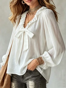 SHEIN White Textured Ruffle V Neck Bow Front Puff Long Sleeve Commuter Blouse Tea Party Everyday Autumn Romantic Elegant - White - View 4