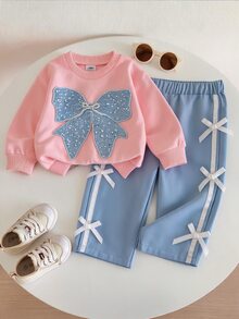 SHEIN 2pcs Baby Girl Butterfly Sequin Knit Crew Neck Sweatshirt & Ribbon Trim Pants Set, Pink Blue Cute Birthday Matching Outfit For Fall - Pink - View 5