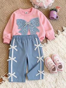 SHEIN 2pcs Baby Girl Butterfly Sequin Knit Crew Neck Sweatshirt & Ribbon Trim Pants Set, Pink Blue Cute Birthday Matching Outfit For Fall - Pink - View 4