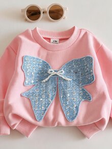 SHEIN 2pcs Baby Girl Butterfly Sequin Knit Crew Neck Sweatshirt & Ribbon Trim Pants Set, Pink Blue Cute Birthday Matching Outfit For Fall - Pink - View 6