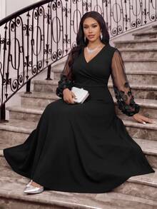 Fleurora Gaun Pesta Formal Pernikahan Elegan Ukuran Plus dengan Bordir Bunga dan Motif Jala, Warna Hitam, Cocok untuk Musim Gugur/Musim Dingin - Hitam - View 2