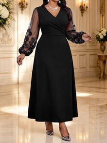 Fleurora Gaun Pesta Formal Pernikahan Elegan Ukuran Plus dengan Bordir Bunga dan Motif Jala, Warna Hitam, Cocok untuk Musim Gugur/Musim Dingin - Hitam - View 5