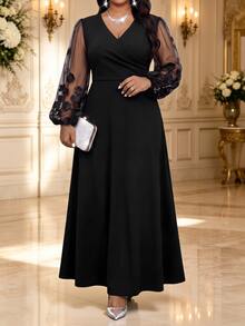 Fleurora Gaun Pesta Formal Pernikahan Elegan Ukuran Plus dengan Bordir Bunga dan Motif Jala, Warna Hitam, Cocok untuk Musim Gugur/Musim Dingin - Hitam - View 1