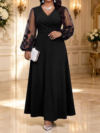 Fleurora Plus Size Elegant Party Formal Wedding Floral Embroidered Mesh Patchwork Dress Black Autumn Fall