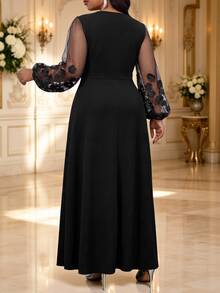 Fleurora Gaun Pesta Formal Pernikahan Elegan Ukuran Plus dengan Bordir Bunga dan Motif Jala, Warna Hitam, Cocok untuk Musim Gugur/Musim Dingin - Hitam - View 3