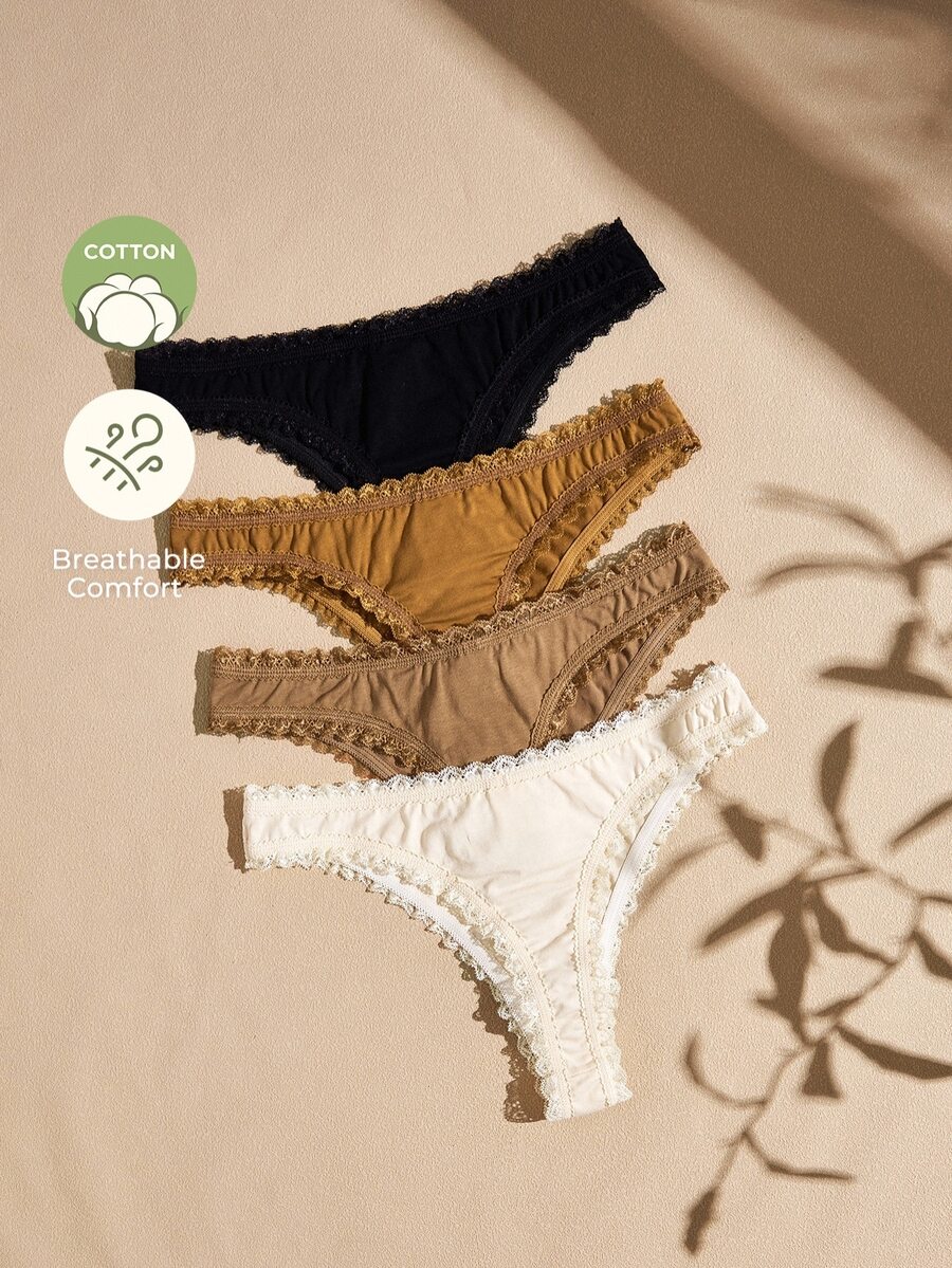 Lullawish 4pcs Women's Lace Cotton Knitted Thongs - Multicolor - View 1