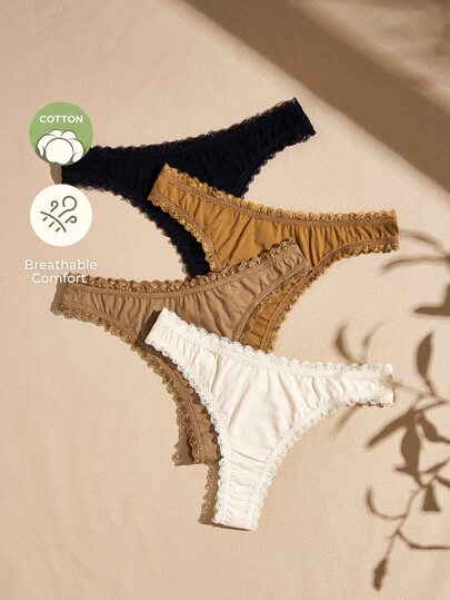 Lullawish 4 peças de tangas femininas de renda e algodão de malha