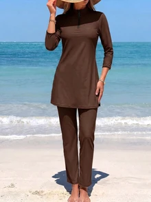 Swim Mulvari 26SS 春夏度假優雅保守棕色布基尼泳衣兩件套 - 棕色 - 查看 1