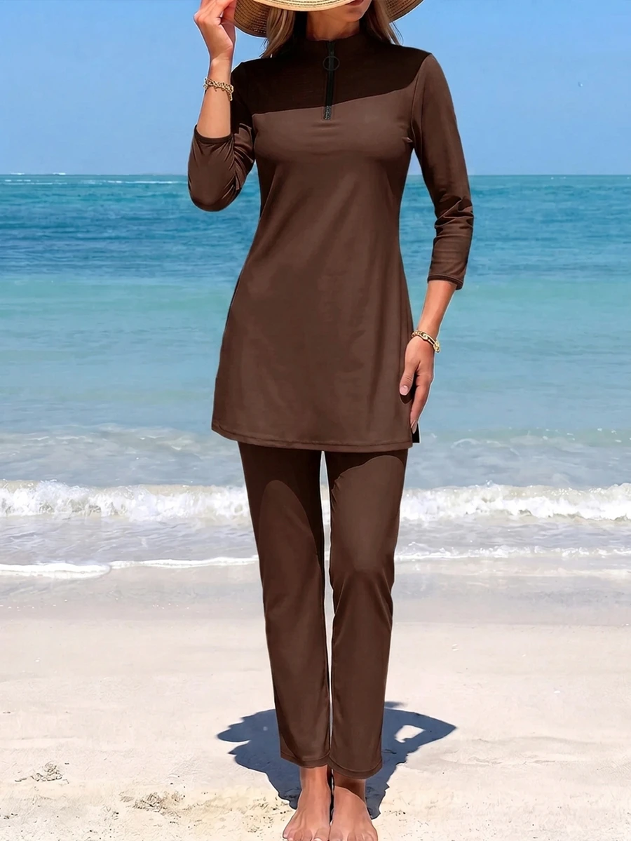 Swim Mulvari 26SS 春夏度假優雅保守棕色布基尼泳衣兩件套 - 棕色 - 查看 1