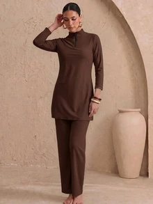 Swim Mulvari 26SS 春夏度假優雅保守棕色布基尼泳衣兩件套 - 棕色 - 查看 5