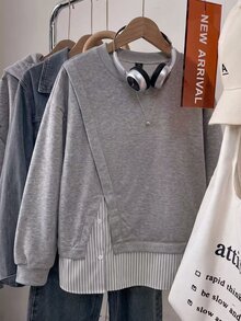 Lacomfia Sweatshirt Wanita Ukuran Besar dengan Potongan Longgar dan Motif Blok Warna Abu-abu, Cocok untuk Acara Kasual Sehari-hari di Musim Semi dan Gugur - Grey - View 4