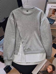 Lacomfia Sweatshirt Wanita Ukuran Besar dengan Potongan Longgar dan Motif Blok Warna Abu-abu, Cocok untuk Acara Kasual Sehari-hari di Musim Semi dan Gugur - Grey - View 6