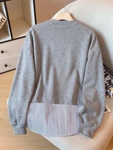 Lacomfia Sweatshirt Wanita Ukuran Besar dengan Potongan Longgar dan Motif Blok Warna Abu-abu, Cocok untuk Acara Kasual Sehari-hari di Musim Semi dan Gugur - Grey - View 2
