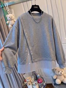 Lacomfia Sweatshirt Wanita Ukuran Besar dengan Potongan Longgar dan Motif Blok Warna Abu-abu, Cocok untuk Acara Kasual Sehari-hari di Musim Semi dan Gugur - Grey - View 5