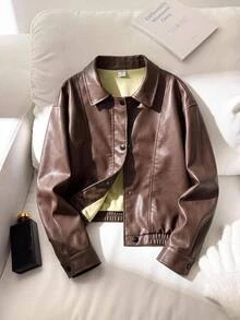SHEIN 少女PU皮革外套，寬鬆版型咖啡棕復古夾克，小眾優雅皮衣，適合秋冬日常時尚穿搭 - 咖啡棕 - 查看 3