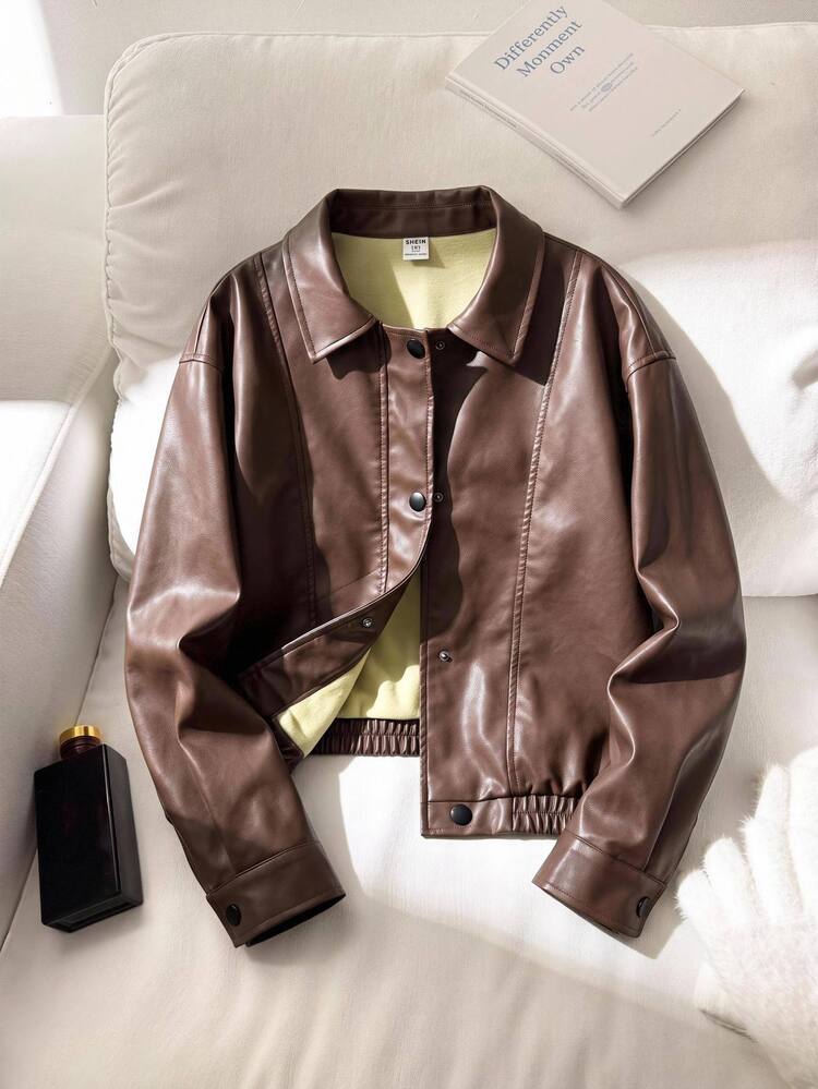 SHEIN Tween Girls PU Leather Tween Girl Jacket, Loose Fit Coffee Brown Retro Jacket, Niche Elegant Leather Coat, Suitable For Fall/Winter Daily Fashion Wear - Coffee Brown - View 3
