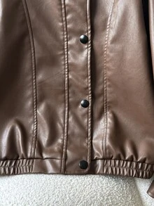 SHEIN 少女PU皮革外套，寬鬆版型咖啡棕復古夾克，小眾優雅皮衣，適合秋冬日常時尚穿搭 - 咖啡棕 - 查看 7