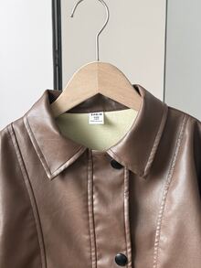 SHEIN 少女PU皮革外套，寬鬆版型咖啡棕復古夾克，小眾優雅皮衣，適合秋冬日常時尚穿搭 - 咖啡棕 - 查看 6