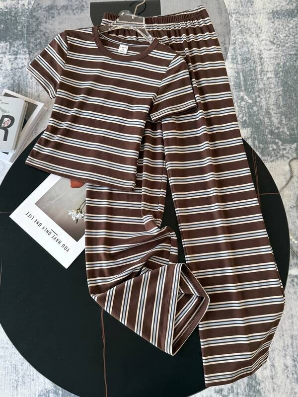 Girlism Tween Girls Shades Of Brown Vintage Striped Knit Round Neck Short Sleeve T-Shirt And Long Pants Co-Ord Set,Summer Casual Family Matching Leisure Wear