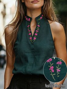 SHEIN LUNE 女款優雅深綠色無袖背心上衣，缺口V領立領花卉刺繡印花夏季襯衫，適合外出休閒穿著 - 墨綠色 - 查看 5