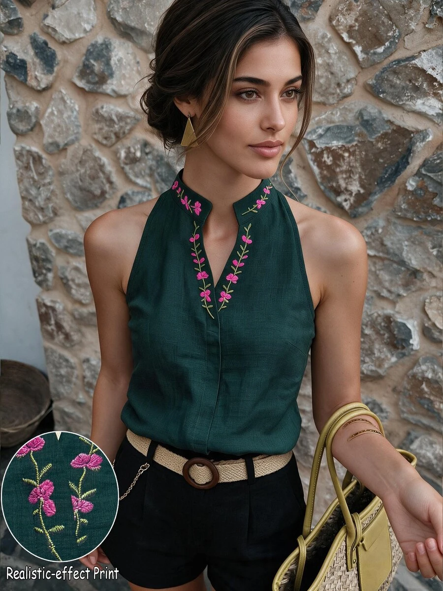 SHEIN LUNE 女款優雅深綠色無袖背心上衣,缺口V領立領花卉刺繡印花夏季襯衫,適合外出休閒穿著 - 墨綠色 - 查看 1