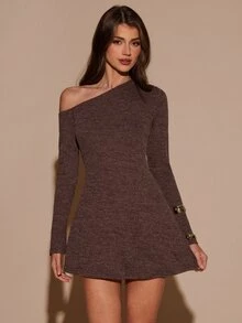 SHEIN BAE Solid Rib-Knit Asymmetrical Neck Mini Dress - Coffee Brown - View 5