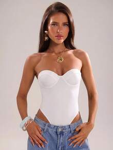 SHEIN BAE Women's Solid Color Sexy Bandeau Cup Bodysuit - White - View 7