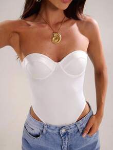 SHEIN BAE Women's Solid Color Sexy Bandeau Cup Bodysuit - White - View 3