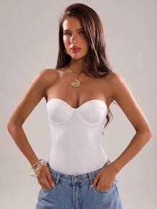 SHEIN BAE Women's Solid Color Sexy Bandeau Cup Bodysuit - White - View 5
