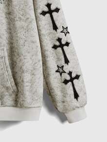 ROMWE Fairycore Women's Kpop Cross Print Thermal Lined Hooded Sweatshirt With Zipper Front, Distressed Wash, Autumn/Winter - Light Grey - View 2